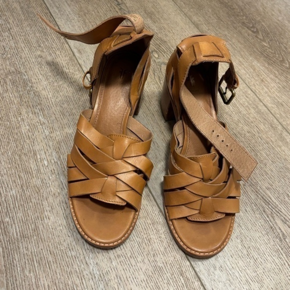 FRYE Tan Bianca Huarache Woven Leather Stacked Heeled Ankle Strap Size 8